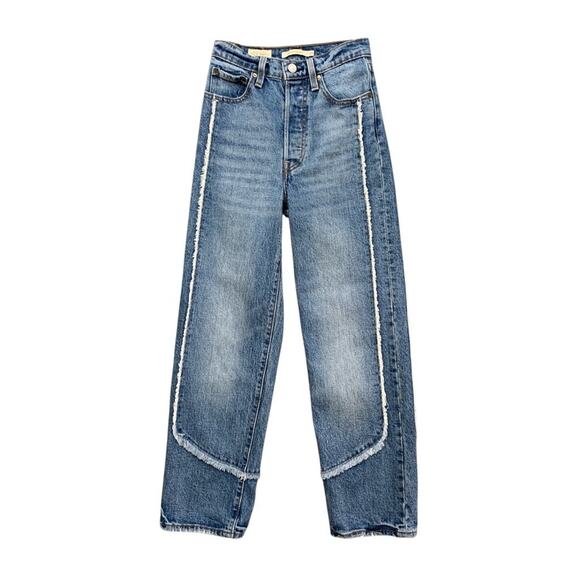 Levis Jeans Womens 24 Blue Ribcage Straight Reconstructed Super High Rise Fringe - Picture 1 of 14